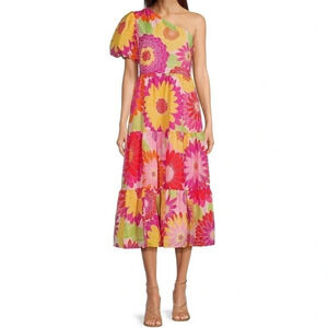 J.Marie Leilani Sz XL Bold Zinnia Floral One Shoulder Tiered Midi Dress Colorful